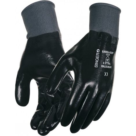 Gants de Travail Nylon Enduit Nitrile Noir - Tricot Sans Couture Jauge 15 - Manutention Milieu Huileux - Taille 11 - Lot de 10 (1/2)