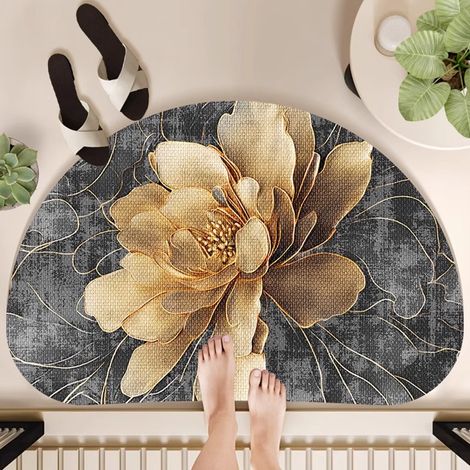 Tapis de sol en terre de diatomée pour salle de bain – Absorbant, antidérapant et résistant à la saleté, forme organique 3D (modèle Champignon, finition or doré, 40 x 60 cm)-lsw