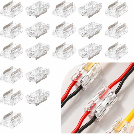 20PCS Connecteurs LED 2 Broches 10mm, Connecteur Led pour Bandes LED COB/SMD, Montage sans Soudure, 0-36V, 5A max, 22AWG-20AWG, Matériaux PC et Cuivre, Transparent (1/5)