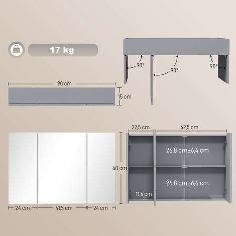 Meuble salle de bain mural gris avec miroir, 3 battants, étagères ajustables, rangement pratique, armoire pharmacie design. (1/5)
