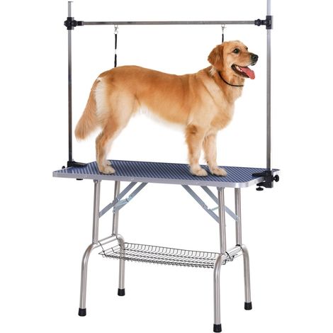 Mesa de peluquería para perros de acero regulable con cesta inferior azul (1/5)