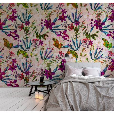 Papier peint panoramique rose, bleu et vert | Tapisserie panoramique pour chambre d'ado | Papier peint panoramique fleurs tropicales - 270 x 400 cm (4 pièces) (1/5)
