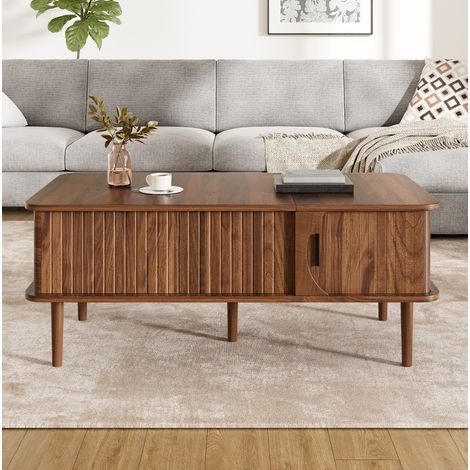 Höhenverstellbarer Couchtisch mit Schiebetür und Stauraum, MDF Nussbaum, 100 x 48 cm OKMYHOME (1/5)