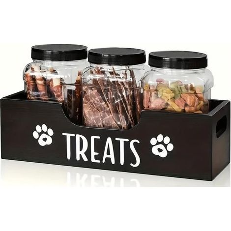 Distributeur friandises bois 3 pots plastique étanche. Style fermier, durable, pour chien/chat. (1/5)