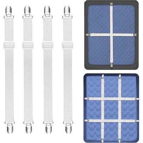 Lot de 4 tendeurs de drap de lit réglables de 50 à 200 cm avec clip en métal - Sangles de serrage pour draps, matelas, planche à repasser, canapé (1/5)