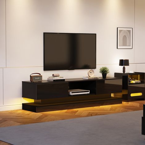 Meuble TV 160x35x40.5cm - avec LED, 2 tiroirs - anti-basculement - compatible avec les téléviseurs 60 pouces - noir brillant (1/5)