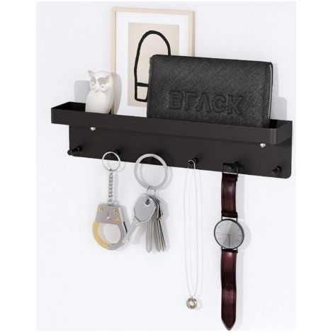 Porte-clés mural adhésif avec plateau de rangement pour courrier et 6 crochets pour clés, noir (1/4)