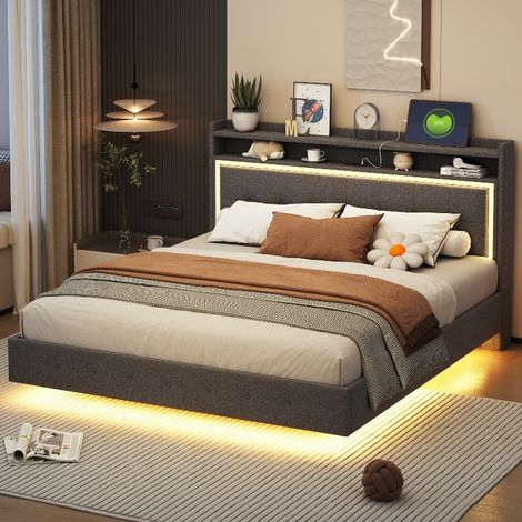 Polsterbett 160x200 Grau mit LED-Beleuchtung und USB-Anschluss, Doppelbett aus Leinenstoff mit Stauraum-Kopfteil und versteckten Füßen (1/5)