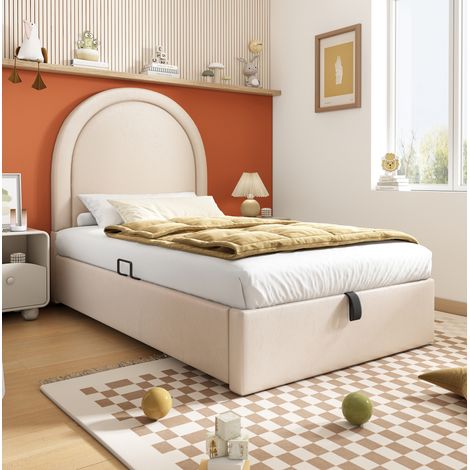 Letto con contenitore imbottito in PU beige 90x200 cm, rete a doghe inclusa (1/5)