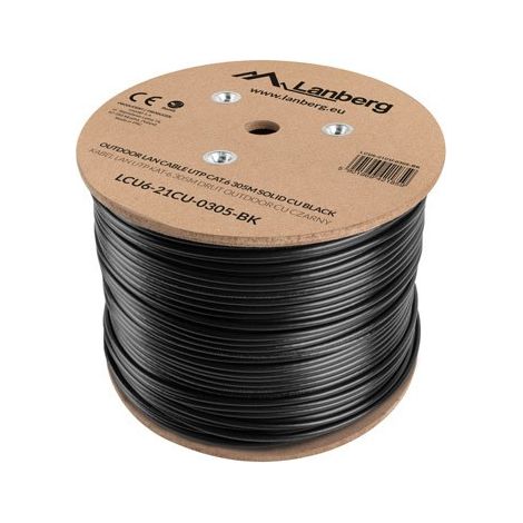 BOBINA CABLE RED LANBERG EXTERIOR UTP RJ45 CAT.6 SOLIDO CU AWG24 305M NEGRO FLU (1/3)