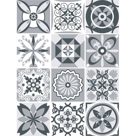 Planche de 12 Stickers Carreaux de Ciment Justgrey – Autocollants Muraux Décoratifs Gris et Blanc – 10 x 10 cm (1/4)