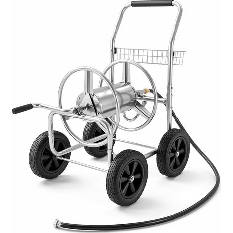 Chariot enrouleur de tuyau, capacité du tuyau d'eau 1,5 cm et 76 m, outils mobiles avec 4 roues, plantation extérieure acier revêtement en poudre panier de rangement, pour jardin, cour, pelouse (1/5)