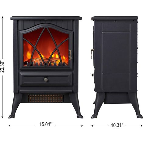 Poêle électrique avec effet de flammes LED 3D (multicolore), chauffage soufflant 900/1800 W - thermostat - vitrage sur 3 côtés - modèle sur pied - Noir