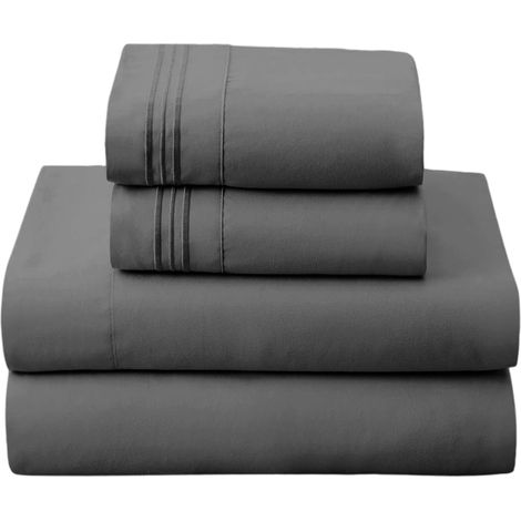 Ensemble de draps de luxe 4 pièces, draps en microfibre rafraîchissante série 1800, bonnet profond de 40 cm, taille double, gris foncé (1/5)