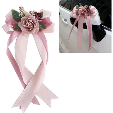 4 Autoschleifen aus Seide, simulierte Rosenblüte zur Hochzeit, Deko für Türgriff und Antenne, Hochzeitsauto (1/4)