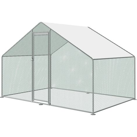 Enclos poule 309 x 200 x 205 cm PVC plastique acier acier galvanisé fer galvanisé vert gris argenté blanc (1/4)