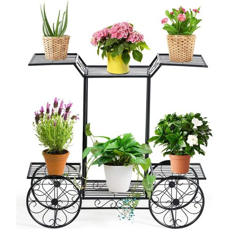 GOPLUS Etagere a Fleurs en Metal, Presentoir de Fleurs pour Plantes en Pots, Support pour Plantes d'Exterieur avec 6 Tablettes, 77 x 75 x 25CM, Charge Max. 28KG, pour Jardin, Terrasse, Balcon, Noir (1/4)