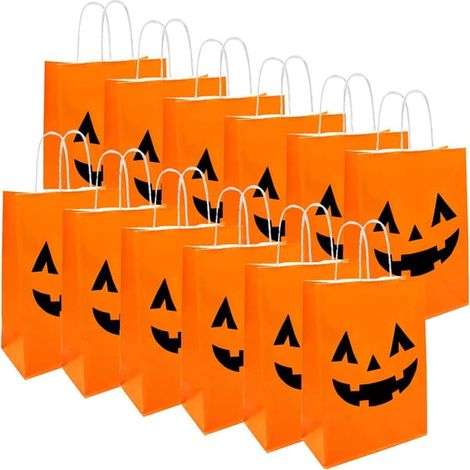 12 sachets cadeaux citrouille d'Halloween, sachets en papier avec poignées, parfaits pour les fêtes d'Halloween. (1/5)
