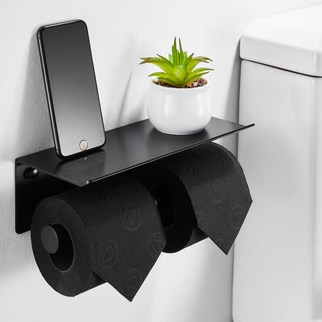 Porte Papier  Toilette Mural Aluminium Double Support Hygiénique Rouleau avec Plateforme de Rangement sans Perçage avec Protection de Bord et Anti-Chute pour Salle de Bain WC Noir