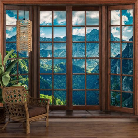 Papier peint panoramique Trompe l'oeil Fenêtre en bois - Montagnes - 195 cm x 156 cm (1/5)