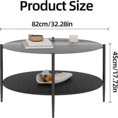 DESMIU Table basse ronde avec 2 niveaux de rangement, verre trempé fumé et bois, structure en acier noir, 82 × 45 cm (1/2)
