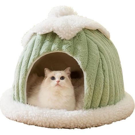 Lit De Grotte De Chat, Dessin Animé Maison De Chat Mignon, Petite Maison De Tente De Chat avec Coussin Lavable Amovible, L, Vert (1/4)