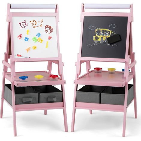 COSTWAY 3 en 1 Chevalet d'Art Enfant avec Tableau Noir & Blanc Magnétique, Tableau Enfant Double Face avec Rouleau de Papier & 2 Bacs en Tissu, 3 Pots de Peinture pour Garçon Fille de 3-6 Ans (Rose)