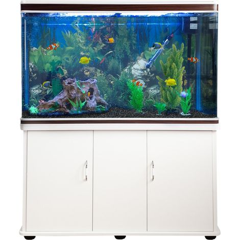 MonsterShop - Acquario 300 Litri con Armadietto Bianco e Kit con Piante e Ghiaia Nera 143cm x 120cm x 39cm