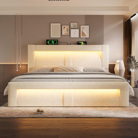 Lit hydraulique avec éclairage LED piloté par application, ports de charge USB et Type-C, velours, beige - 160x200 cm.