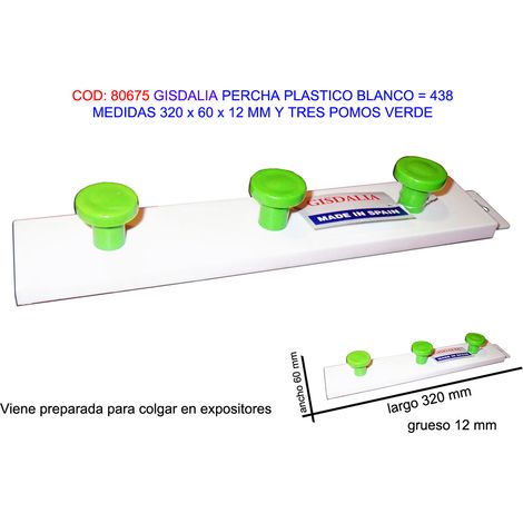 Gisdalia percha plástico 320x60x12 mm 3 pomos verde