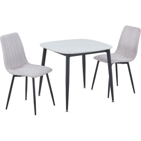 Aspen Gloss White Sintered Stone Square Table & 2 Natural Fabric Chair Set - Metal - L54 x W53.5 x H88 cm
