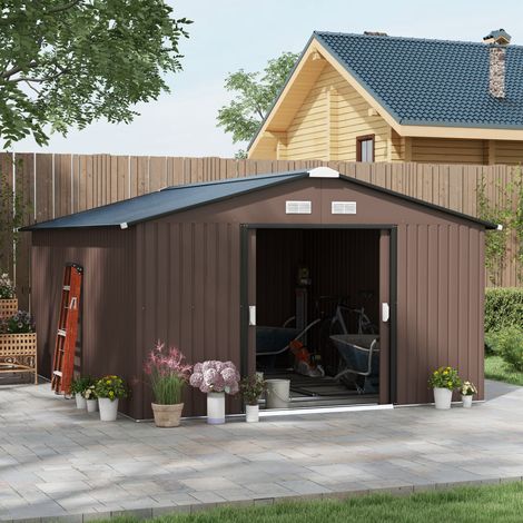 Abri de jardin Outsunny, 12,4 m², toit pentu, porte coulissante, fondations, 340 x 386 x 200 cm, en acier galvanisé, résistant aux intempéries, pour jardin, marron (1/5)