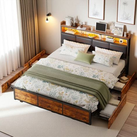 Bett 140x200 cm - Truhen mit LED-Beleuchtung - 4 Schubladen - Schwarz Metall - Moderner Industriel Stil