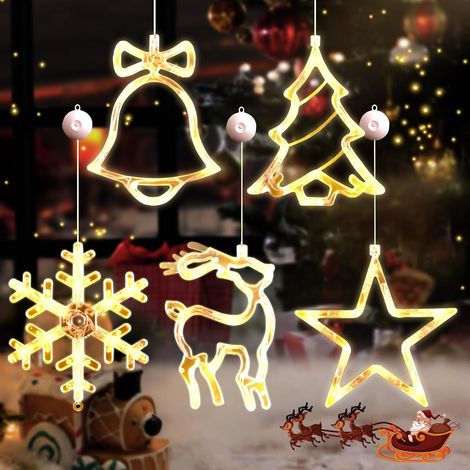 Décorations de Noël pour fenêtres, 5 guirlandes lumineuses LED avec ventouse, sapin, renne, cloche, étoile et flocon, suspensions lumineuses en verre, intérieur moderne, festif et chaleureux (1/5)