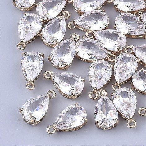 pièces de verre transparent avec apprêts en laiton, forme de larme à facettes, clair, 15 x 8 x 6 mm, trou : 1,2 mm ( ) (1/2)