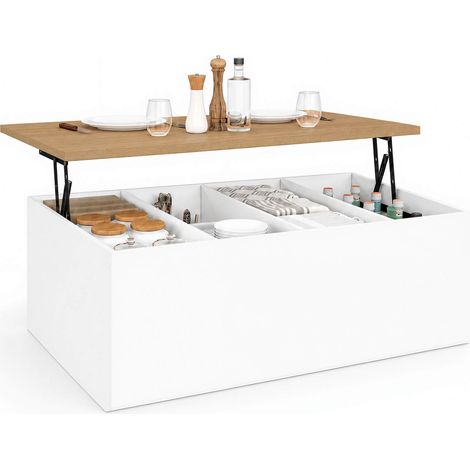 Table basse plateau relevable rectangulaire ELEA 100 cm avec grand coffre bois blanc et façon hêtre (1/5)