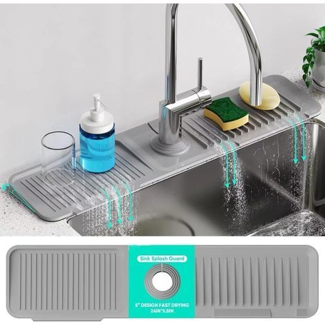 Tapis de Robinet en Silicone pour Cuisine, Protection Anti-Éclaboussures pour Évier Cuisine avec Évacuation Incliné 5°, Tapis Égouttoir de Robinet, Tapis Silicone pour Robinet (61x14 c (1/5)