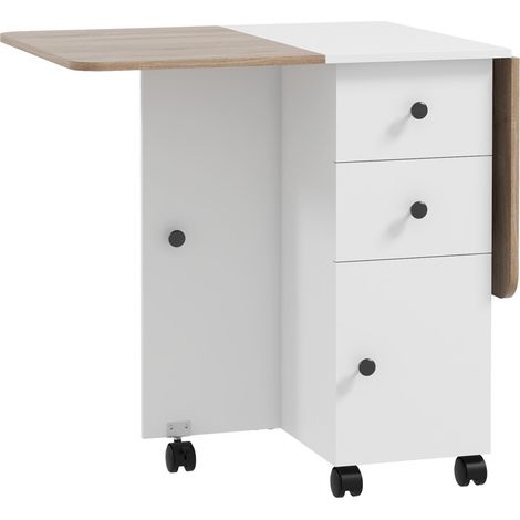 Tavolo Salvaspazio Pieghevole a Ribalta con 2 Cassetti e Armadietto 120x60x76,5 cm in Legno Bianco e Rovere