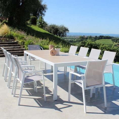 Tavolo allungabile in alluminio antracite effetto legno 190/250x100 cm per esterno design moderno e robusto - Bianco (1/5)