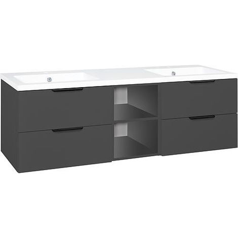 Meuble sous-vasque + vasque en fonte minérale LOSSA 4 tiroirs + 2 Étagères ouvertes anthracite mat Largeur 1550 mm (1/3)