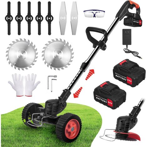 Coupe-bordures à roues, débroussailleuse et coupe-bordures 3 en 1, tondeuse sans fil 24 V avec 2 batteries et chargeur, 2 batteries de 2,0 Ah, barre de guidage pliable (1/5)
