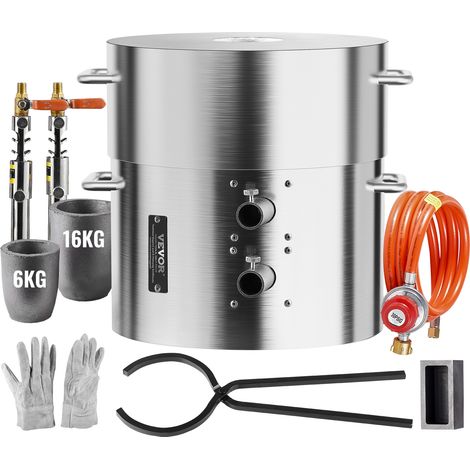 VEVOR Horno de Fusión de Propano Kit de Horno de Fusión de Metales 16 kg Horno de Fundición de Doble Quemador para Hogar con Crisoles y Pinzas, para Reciclaje de Aluminio, Cobre, Plata, Oro