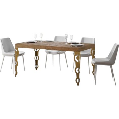 Table rectangulaire extensible orientale 6 à 18 personnes L 130 à 390cm bois clair et pieds métal doré Kazay (1/5)