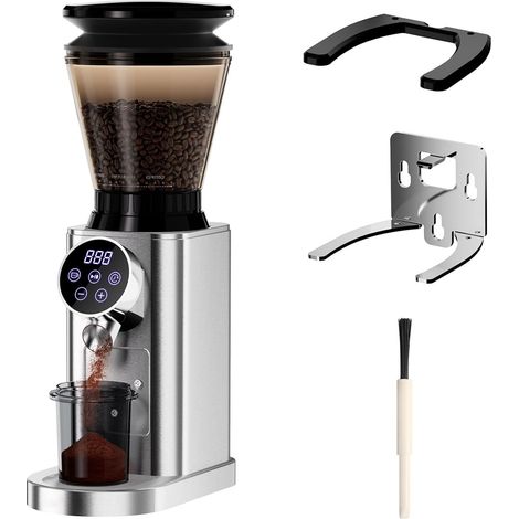 Grinder à café de barr Conique électrique, broyeur de Grains de café, avec Support Amovible pour portafilter et conteneur, Affichage numérique et Tactile, broyeur de café en Acier Inoxydable (1/5)
