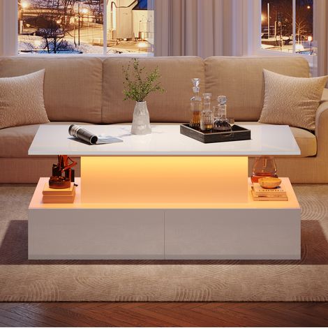 Table basse LED 90x55x41 cm blanche en panneau de particules avec 4 tiroirs et rangement dissimulé (1/5)