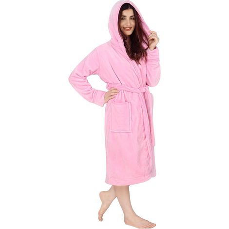 1 peignoir femme, col V en polaire, capuche, manches longues, ceinture ajustable, poches avant, pour matin ou détente (1/5)