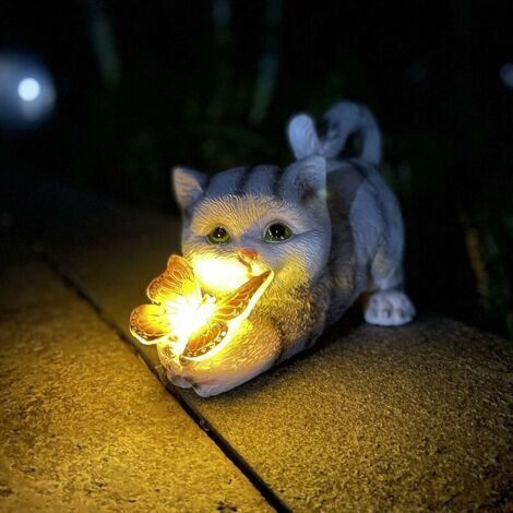 Figurine de chat décorative pour jardin, Layout Chat mignon Papillon Ornements en résine Lampes solaires (1/4)