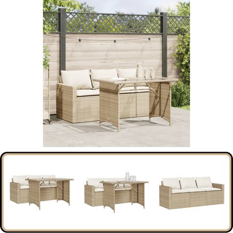 Ensemble à manger de jardin et coussins 2 pcs beige poly rotin - Salon De Jardin - Mobilier De Jardin - Set De Salon De Jardin - Table De Jardin - Chaise De Jardin