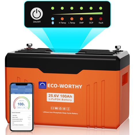 ECO-WORTHY 24V 100Ah Batterie Lithium LiFePO4 Bluetooth avec écran,batterie lifepo4 avec 100A BMS protection basse température pour camping-car (1/5)