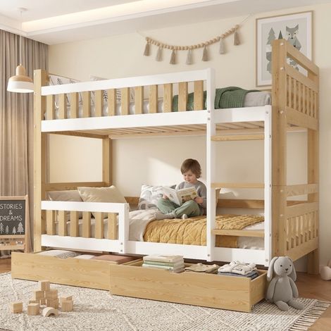 Chambre partagée : gain d'espace au sol, lit superposé 90x200 cm modulable en 2 lits simples avec tiroirs blanc et naturel